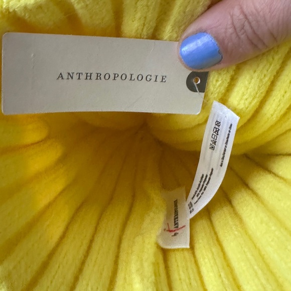 NWT Anthropologie Yellow Beanie with Purple Faux Fur Pom Pom - Picture 3 of 6